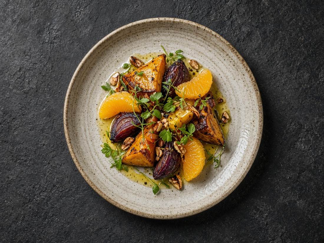 Assiette de légumes rôtis, agrumes et herbes de la carte Lafoundie Brave
