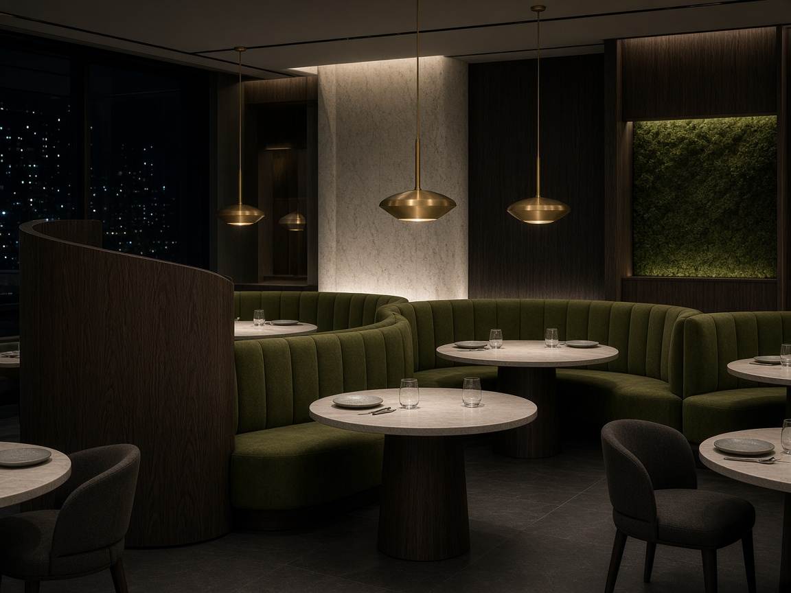 Salon contemporain de Lafoundie Brave, banquettes vertes et lumière de laiton